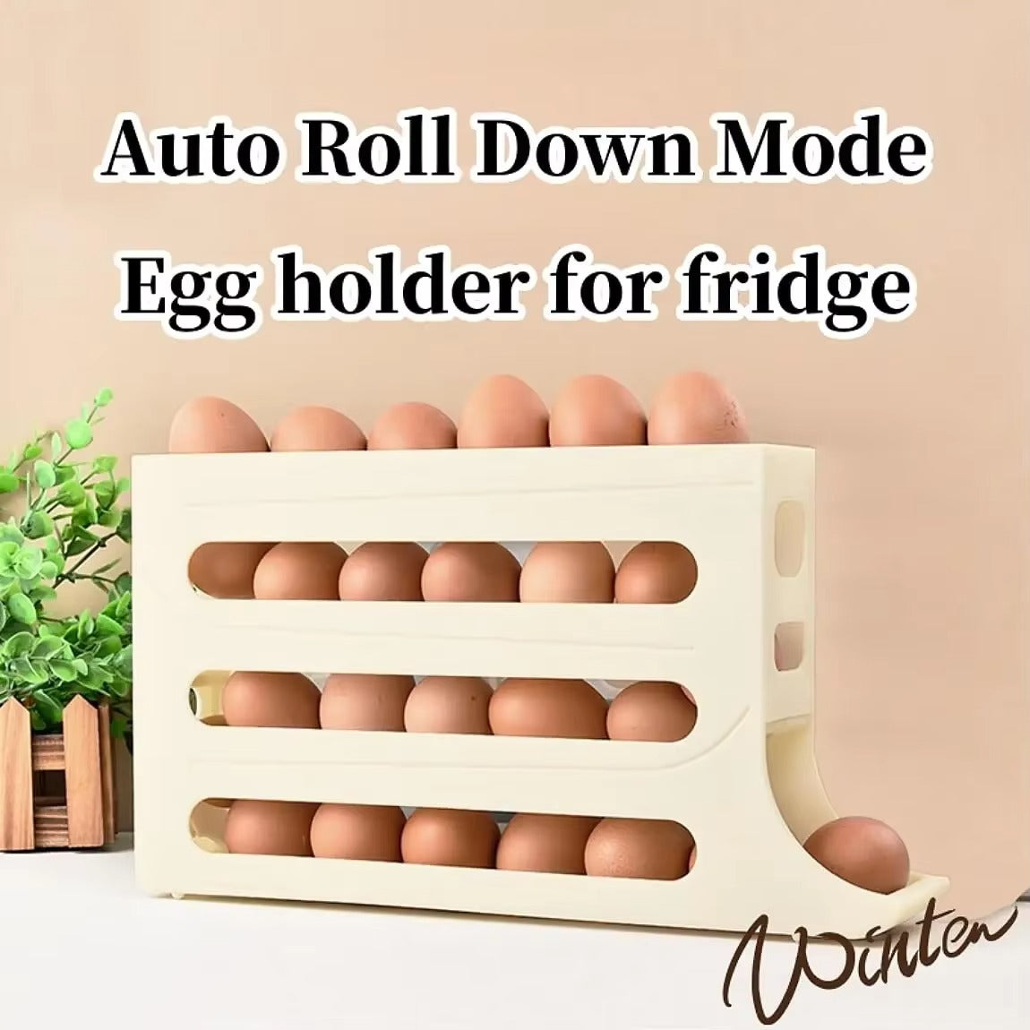 4-tier rolling egg storage box, automatic egg holder dispenser for refrigerator, ideal kitchen organizer.